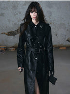 Cest Nous Asymmetric Panel Waist Cinched Long Sleeve Pu Leather Women's Trench Coats