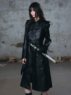 Cest Nous Asymmetric Panel Waist Cinched Long Sleeve Pu Leather Women's Trench Coats