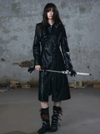 Cest Nous Asymmetric Panel Waist Cinched Long Sleeve Pu Leather Women's Trench Coats