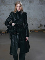 Cest Nous Asymmetric Panel Waist Cinched Long Sleeve Pu Leather Women's Trench Coats