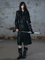 Cest Nous Asymmetric Panel Waist Cinched Long Sleeve Pu Leather Women's Trench Coats