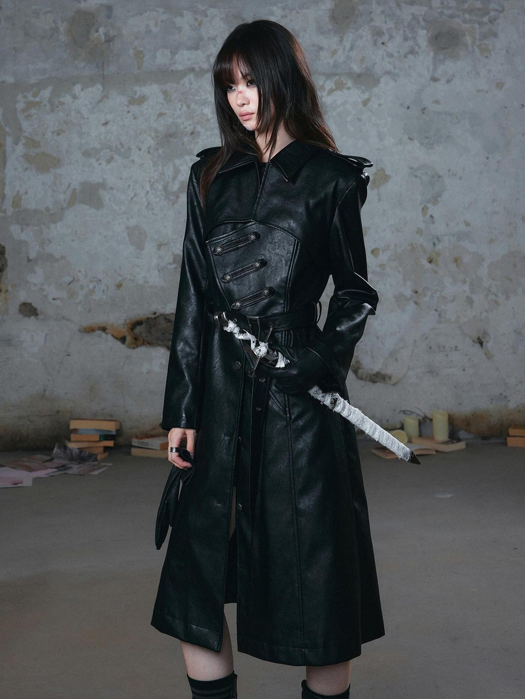 Cest Nous Asymmetric Panel Waist Cinched Long Sleeve Pu Leather Women's Trench Coats