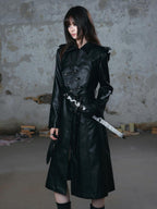 Cest Nous Asymmetric Panel Waist Cinched Long Sleeve Pu Leather Women's Trench Coats