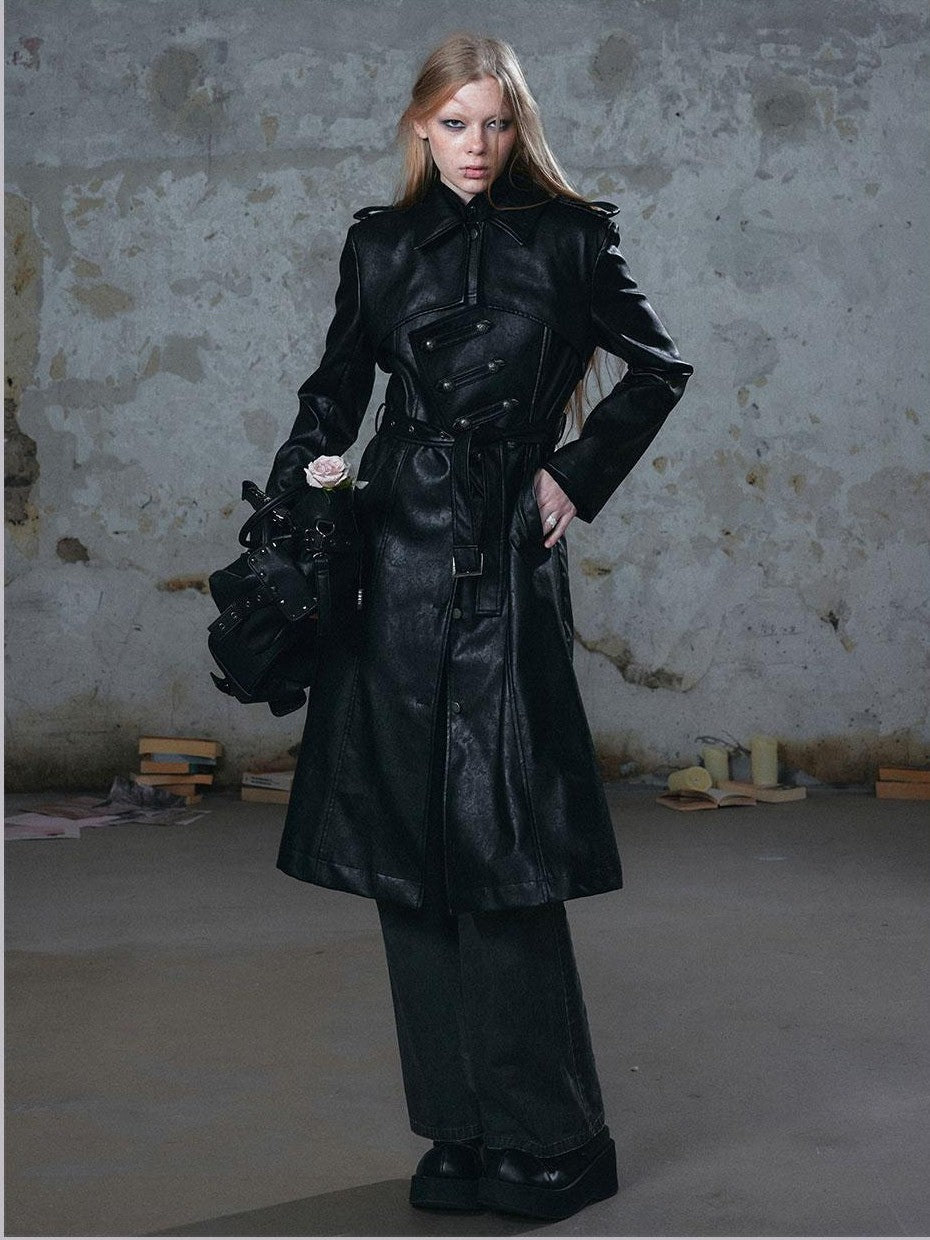 Cest Nous Asymmetric Panel Waist Cinched Long Sleeve Pu Leather Women's Trench Coats