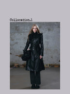 Cest Nous Asymmetric Panel Waist Cinched Long Sleeve Pu Leather Women's Trench Coats