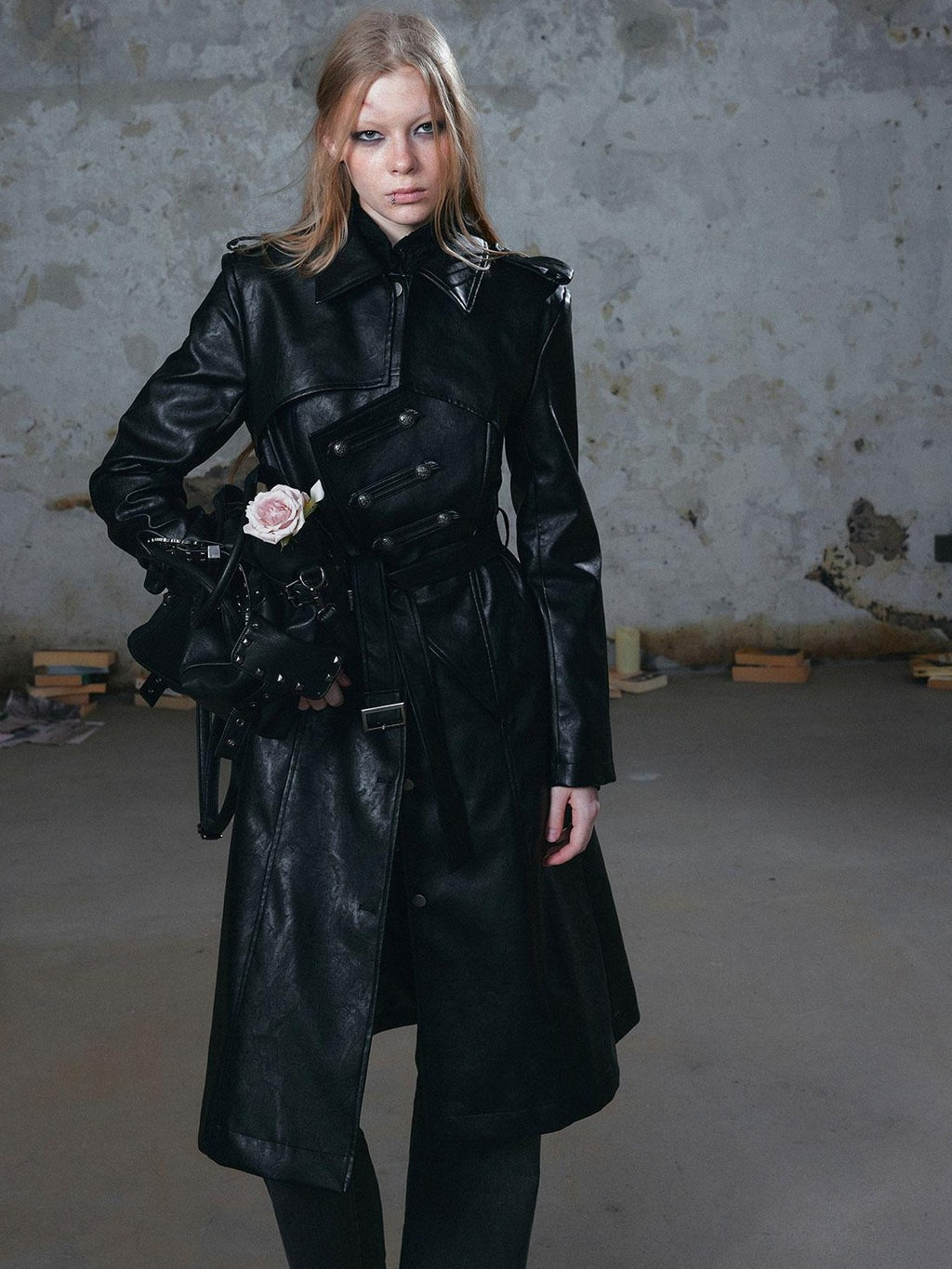 Cest Nous Asymmetric Panel Waist Cinched Long Sleeve Pu Leather Women's Trench Coats