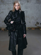 Cest Nous Asymmetric Panel Waist Cinched Long Sleeve Pu Leather Women's Trench Coats