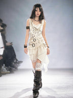 Cest Nous Beige Lace Print Lace-up Ruffle Trim Lyocell Women's Slip Midi Dresses