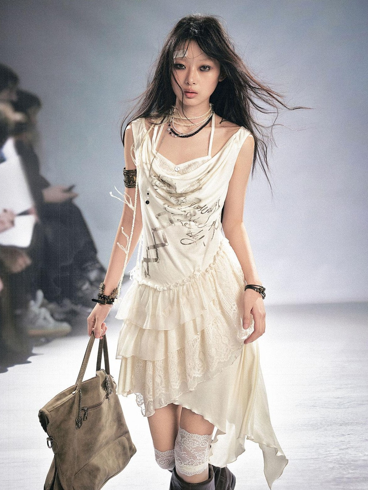 Cest Nous Beige Lace Print Lace-up Ruffle Trim Lyocell Women's Slip Midi Dresses