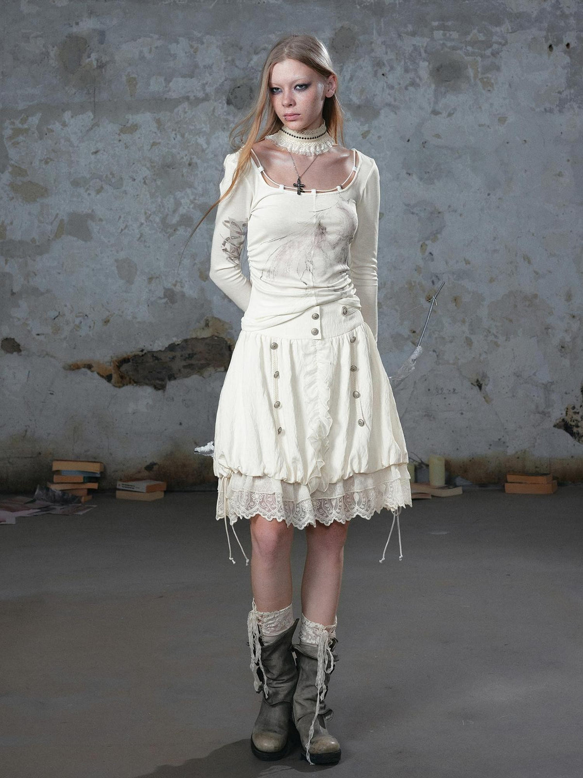 Cest Nous Chiffon Lace Spliced Napoleon Button A Line Bubble Women's Midi Skirts