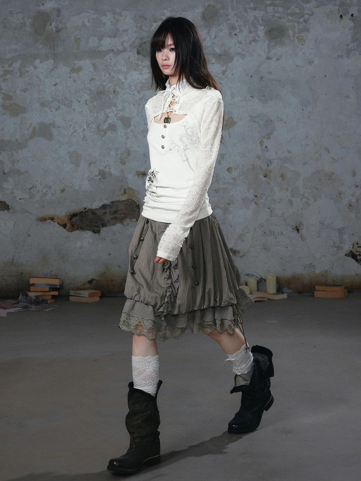 Cest Nous Chiffon Lace Spliced Napoleon Button A Line Bubble Women's Midi Skirts