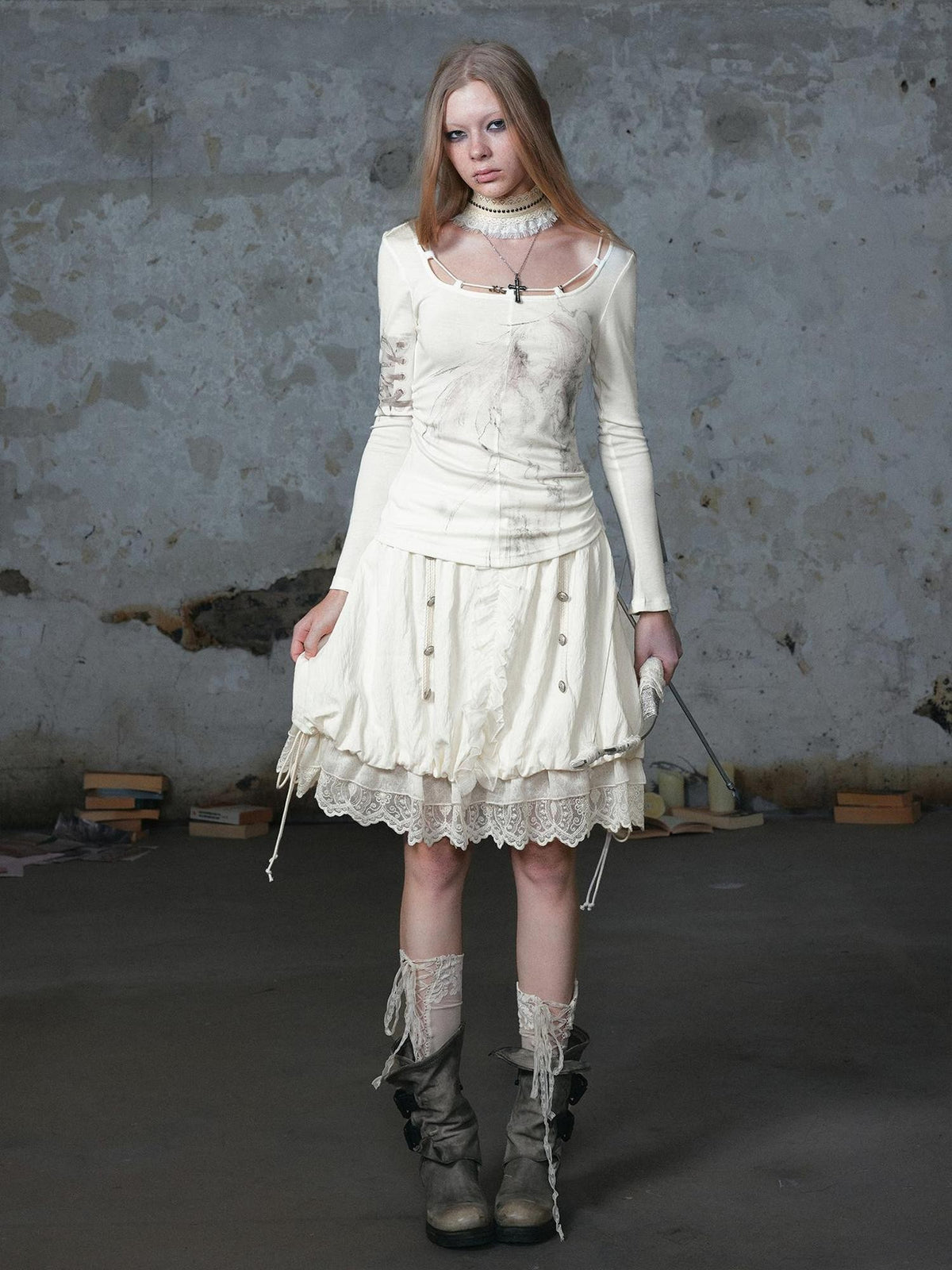 Cest Nous Chiffon Lace Spliced Napoleon Button A Line Bubble Women's Midi Skirts