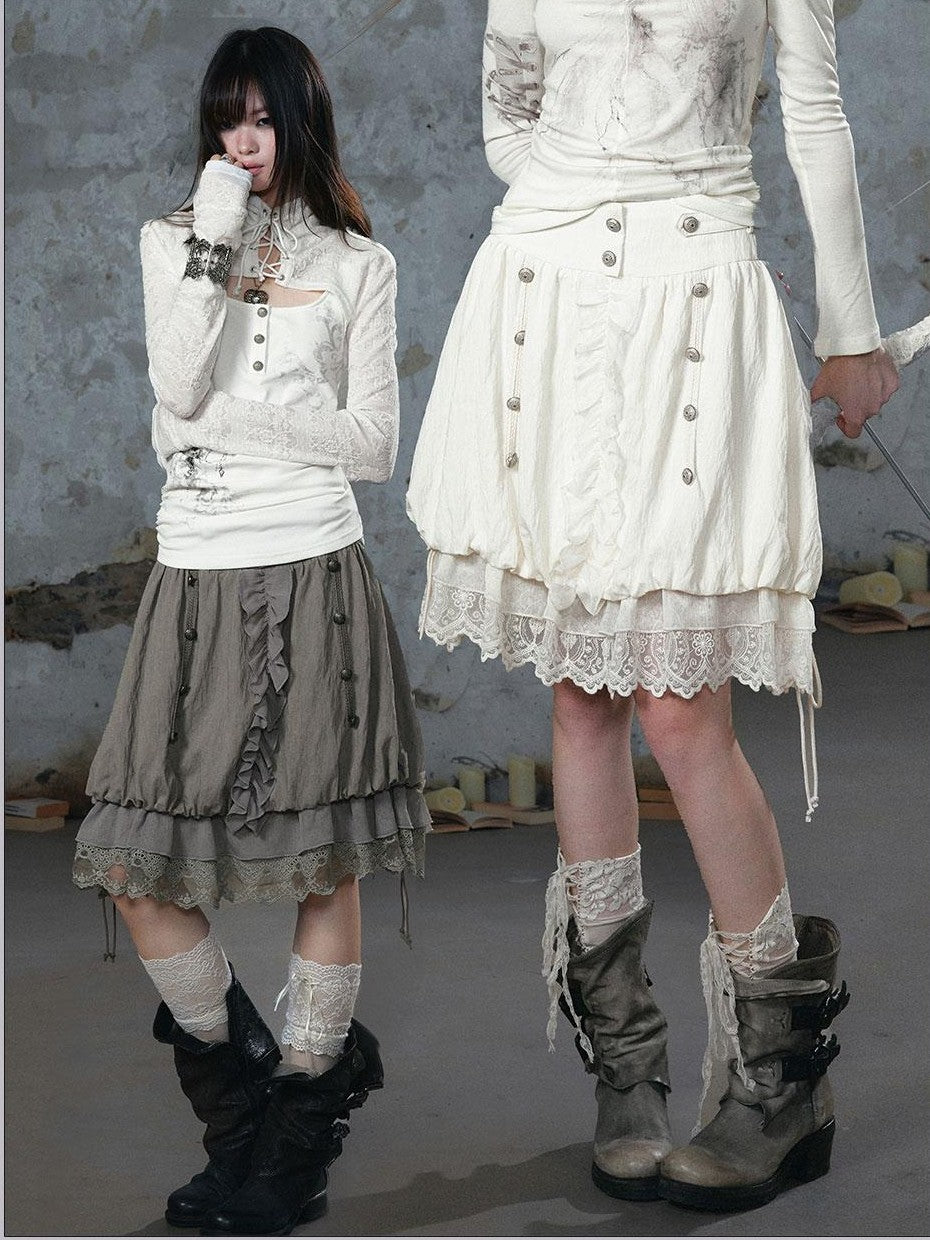 Cest Nous Chiffon Lace Spliced Napoleon Button A Line Bubble Women's Midi Skirts
