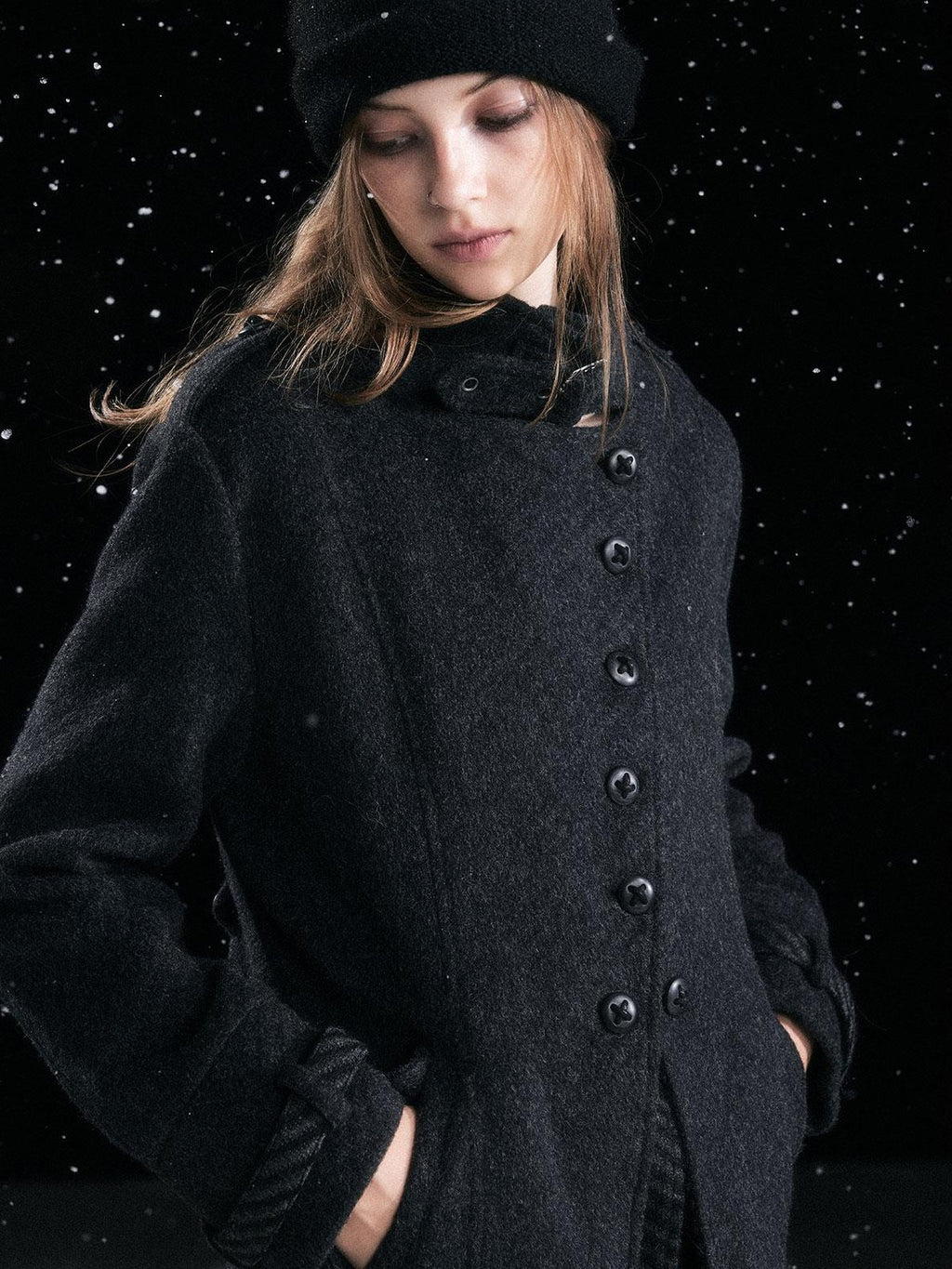 Cest Nous Classic Court Knight Buttoned Lapel Black Grey Women's Wool Coats