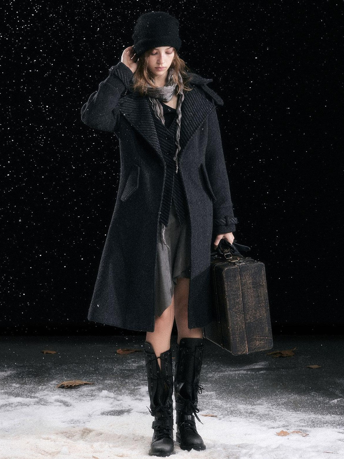 Cest Nous Classic Court Knight Buttoned Lapel Black Grey Women's Wool Coats