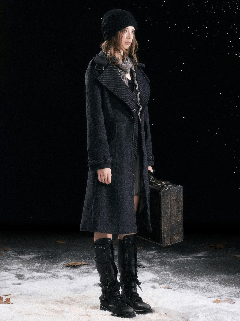 Cest Nous Classic Court Knight Buttoned Lapel Black Grey Women's Wool Coats