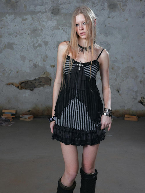 Cest Nous Cross Embellished Lace Spliced Chiffon Ruffle A Line Women's Slip Midi Dresses