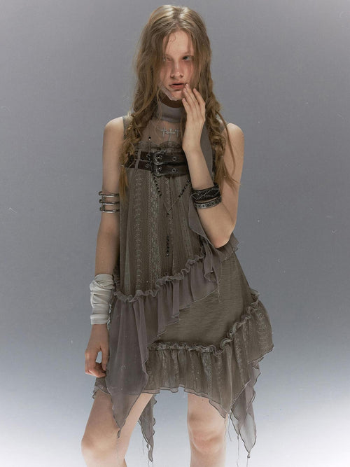 Cest Nous Cross Embroidery Wasteland Layered Mesh Women's Slip Midi Dresses