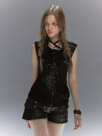 Cest Nous Cross Sword Print Cowl Neck Zip Knit Women's Tank Tops