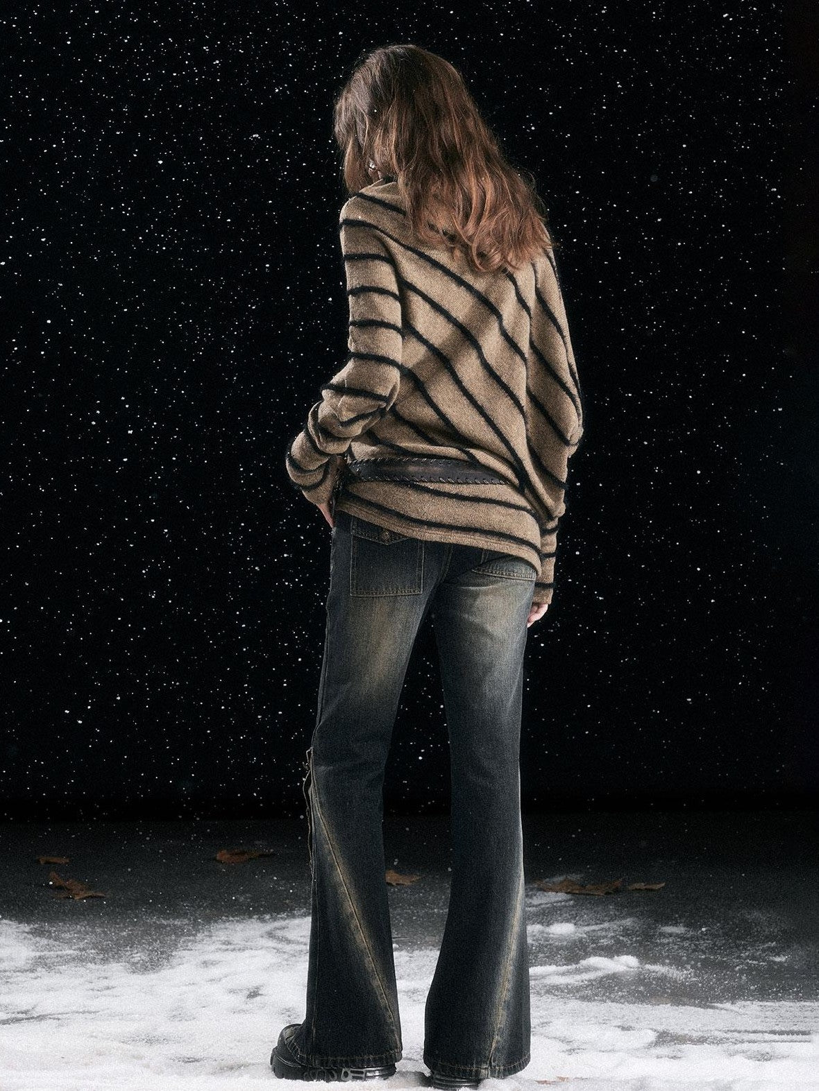 Cest Nous Diagonal Striped Batwing Sleeve Asymmetric Drawstring Loose Knit Women's Sweaters