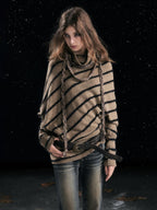 Cest Nous Diagonal Striped Batwing Sleeve Asymmetric Drawstring Loose Knit Women's Sweaters