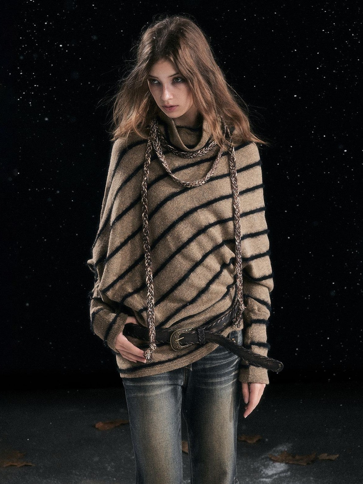 Cest Nous Diagonal Striped Batwing Sleeve Asymmetric Drawstring Loose Knit Women's Sweaters