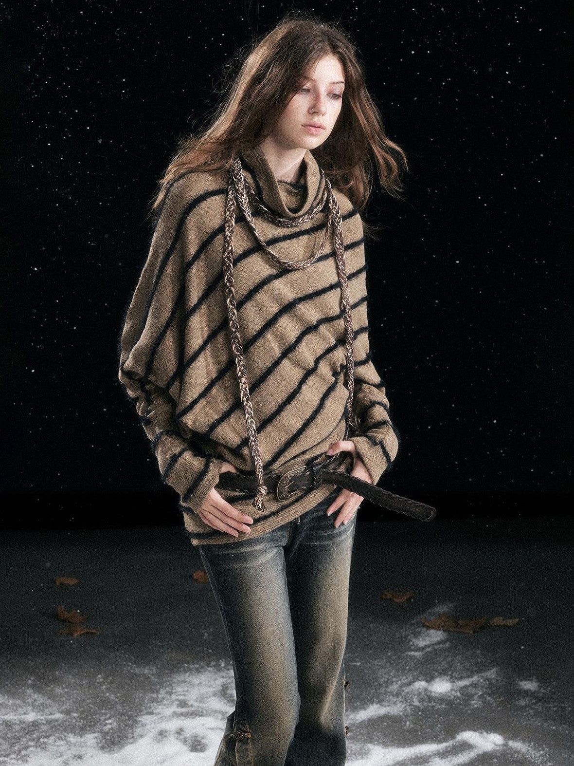 Cest Nous Diagonal Striped Batwing Sleeve Asymmetric Drawstring Loose Knit Women's Sweaters