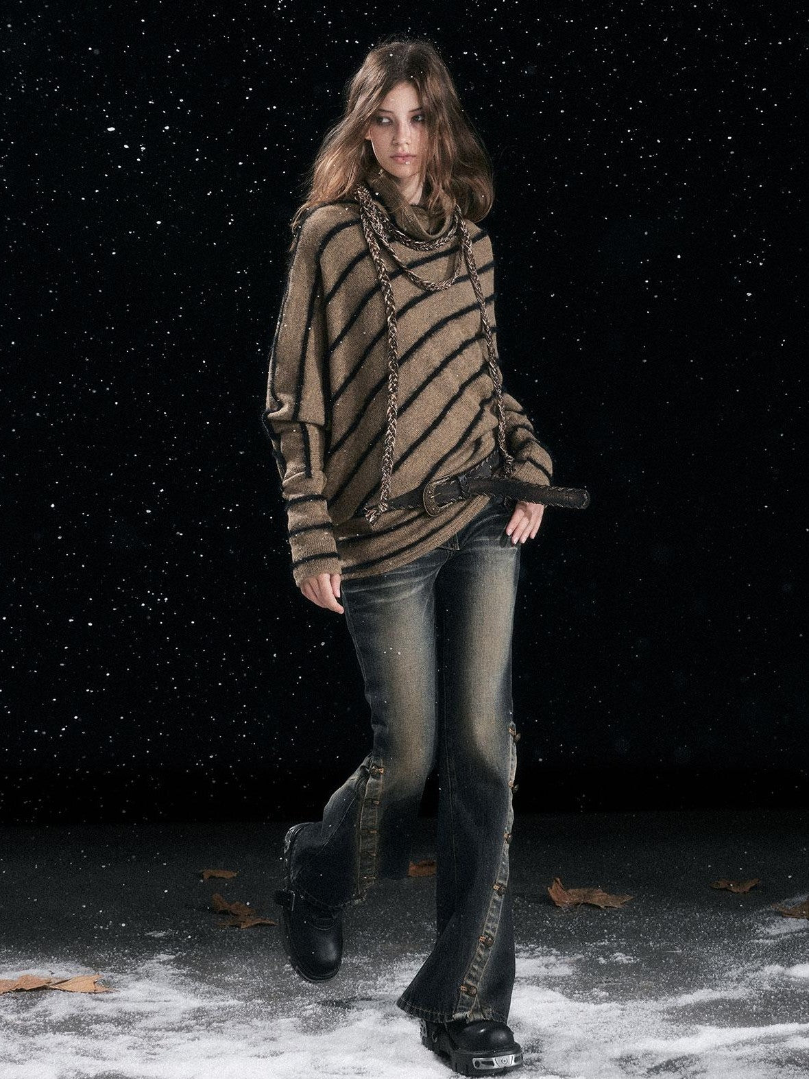 Cest Nous Diagonal Striped Batwing Sleeve Asymmetric Drawstring Loose Knit Women's Sweaters