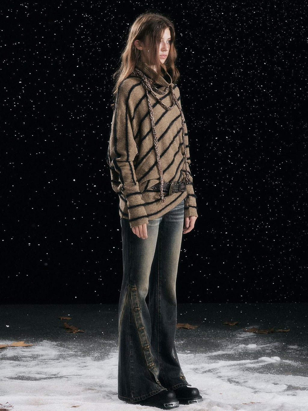 Cest Nous Diagonal Striped Batwing Sleeve Asymmetric Drawstring Loose Knit Women's Sweaters
