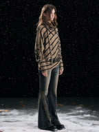 Cest Nous Diagonal Striped Batwing Sleeve Asymmetric Drawstring Loose Knit Women's Sweaters
