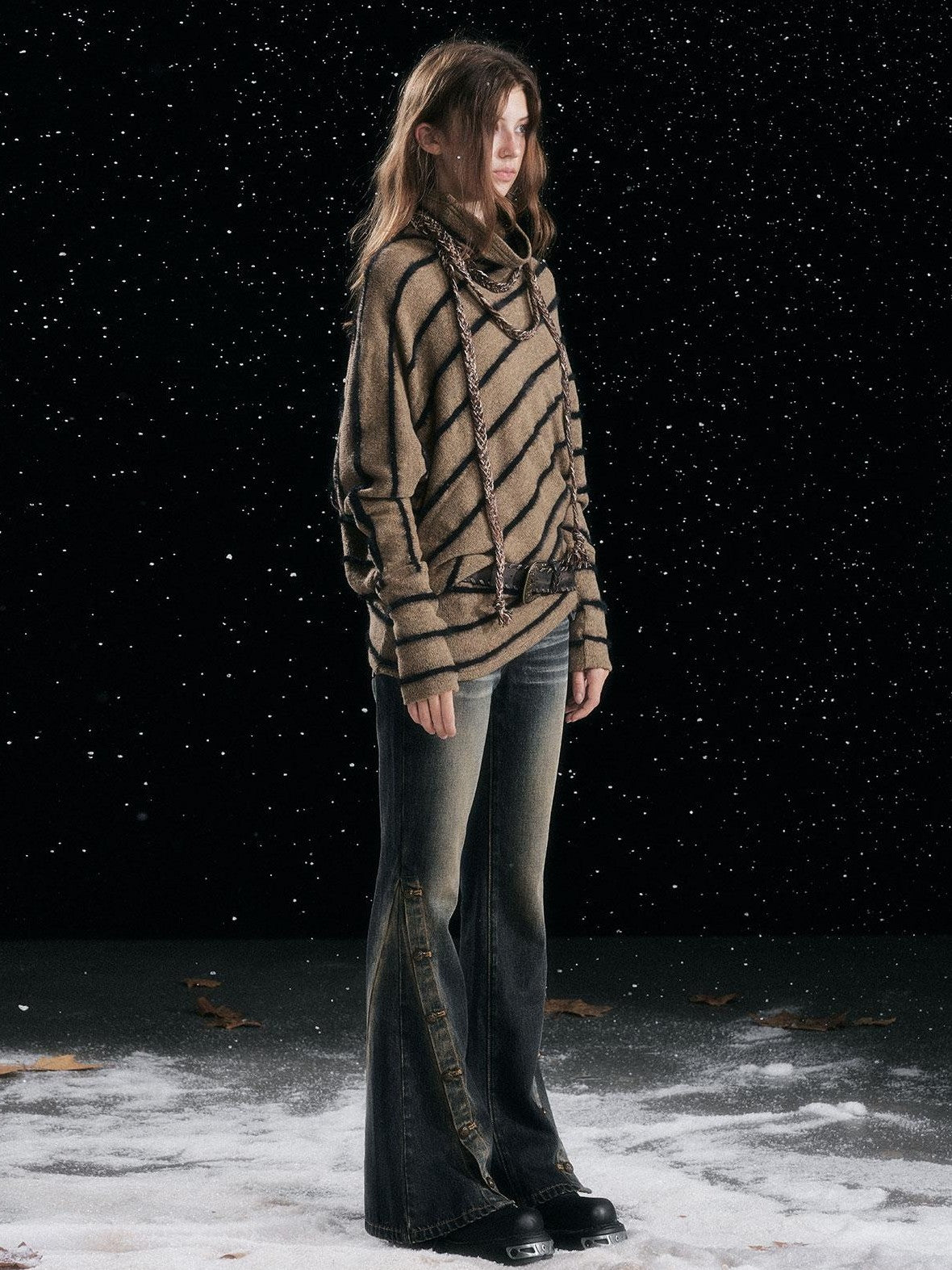 Cest Nous Diagonal Striped Batwing Sleeve Asymmetric Drawstring Loose Knit Women's Sweaters