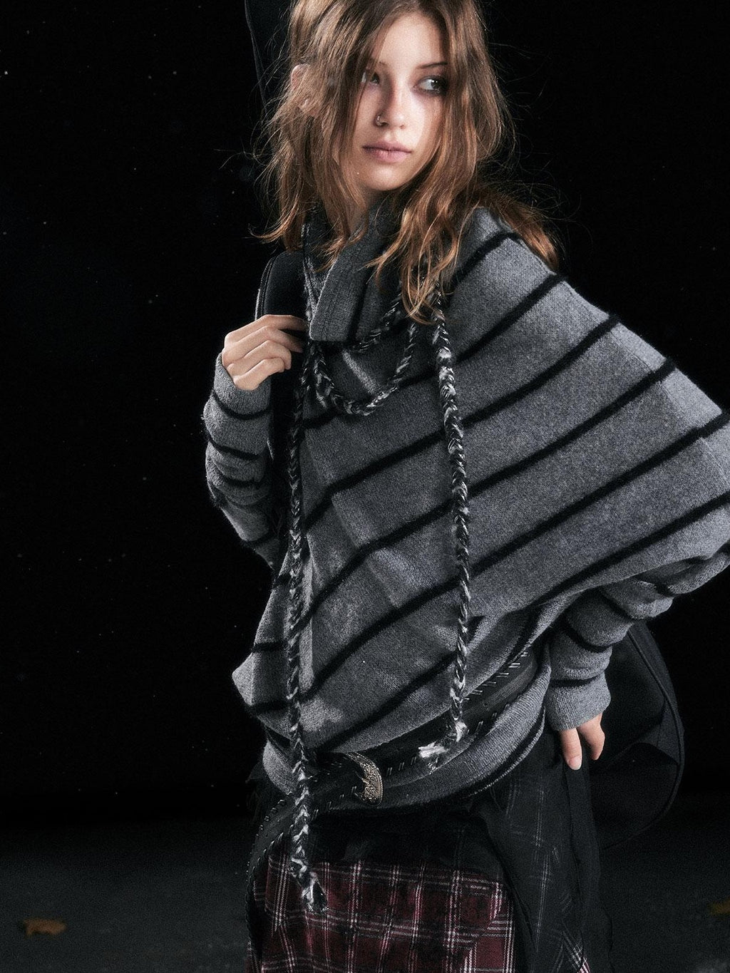 Cest Nous Diagonal Striped Batwing Sleeve Asymmetric Drawstring Loose Knit Women's Sweaters