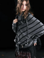 Cest Nous Diagonal Striped Batwing Sleeve Asymmetric Drawstring Loose Knit Women's Sweaters