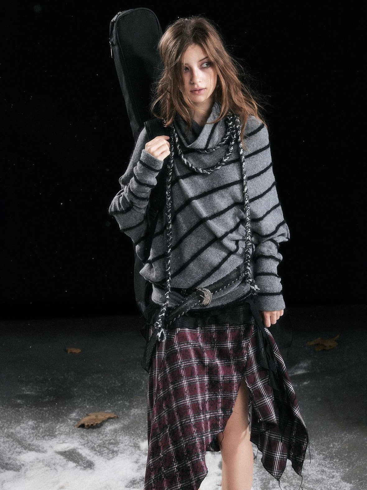 Cest Nous Diagonal Striped Batwing Sleeve Asymmetric Drawstring Loose Knit Women's Sweaters