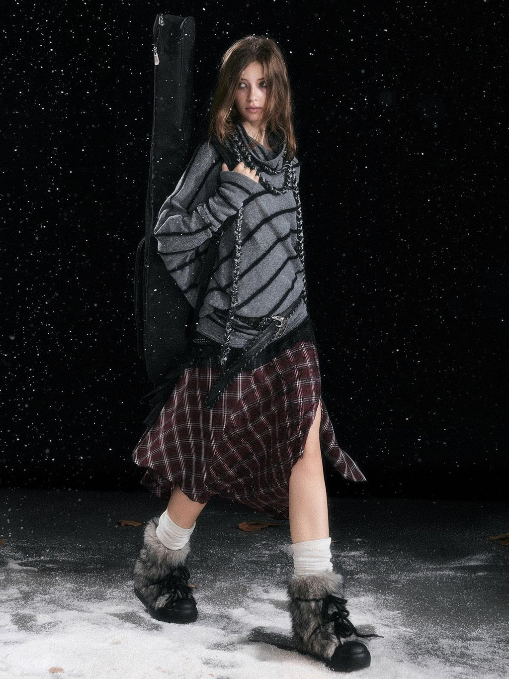 Cest Nous Diagonal Striped Batwing Sleeve Asymmetric Drawstring Loose Knit Women's Sweaters