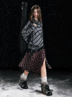 Cest Nous Diagonal Striped Batwing Sleeve Asymmetric Drawstring Loose Knit Women's Sweaters