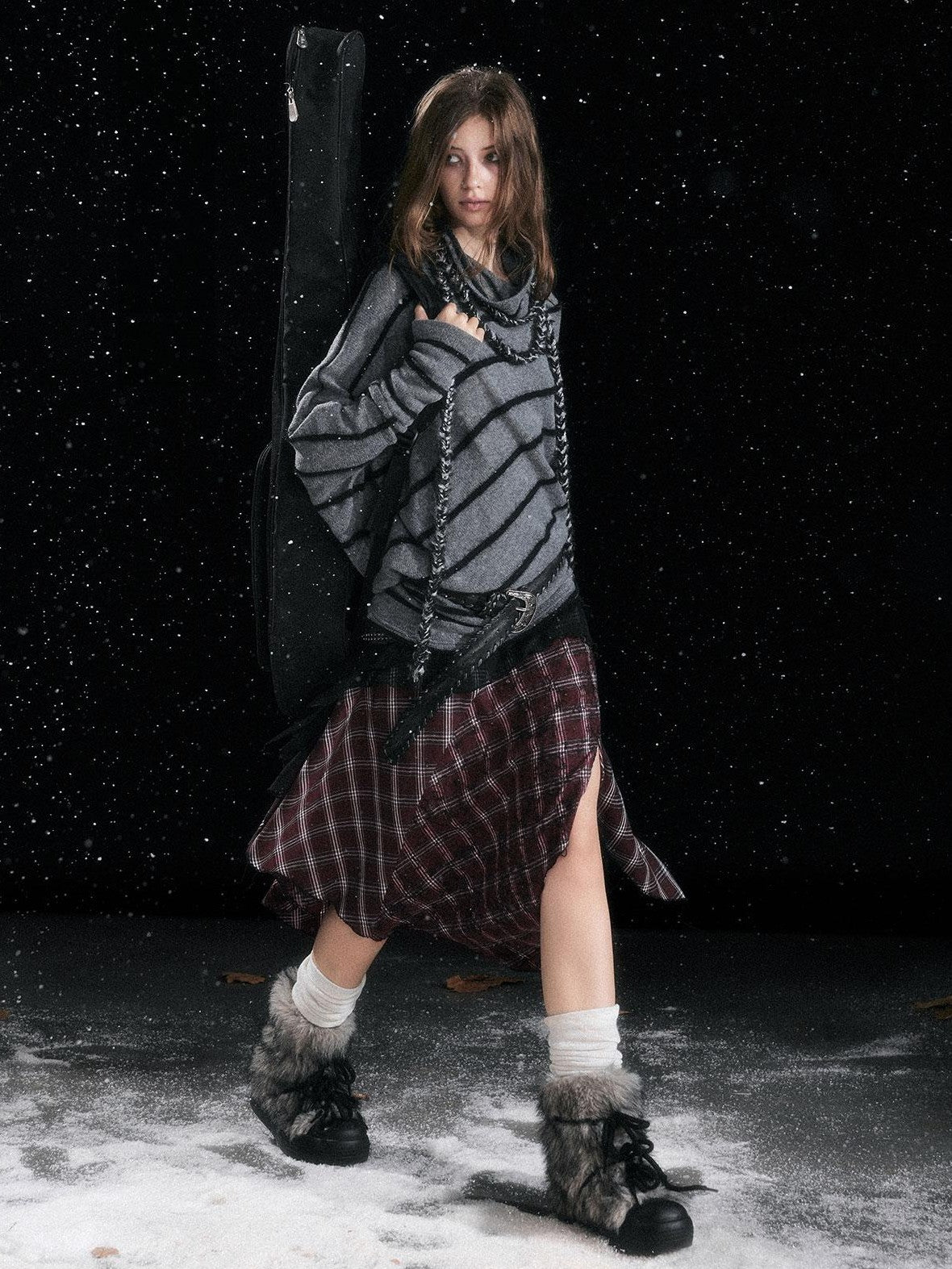Cest Nous Diagonal Striped Batwing Sleeve Asymmetric Drawstring Loose Knit Women's Sweaters