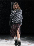 Cest Nous Diagonal Striped Batwing Sleeve Asymmetric Drawstring Loose Knit Women's Sweaters