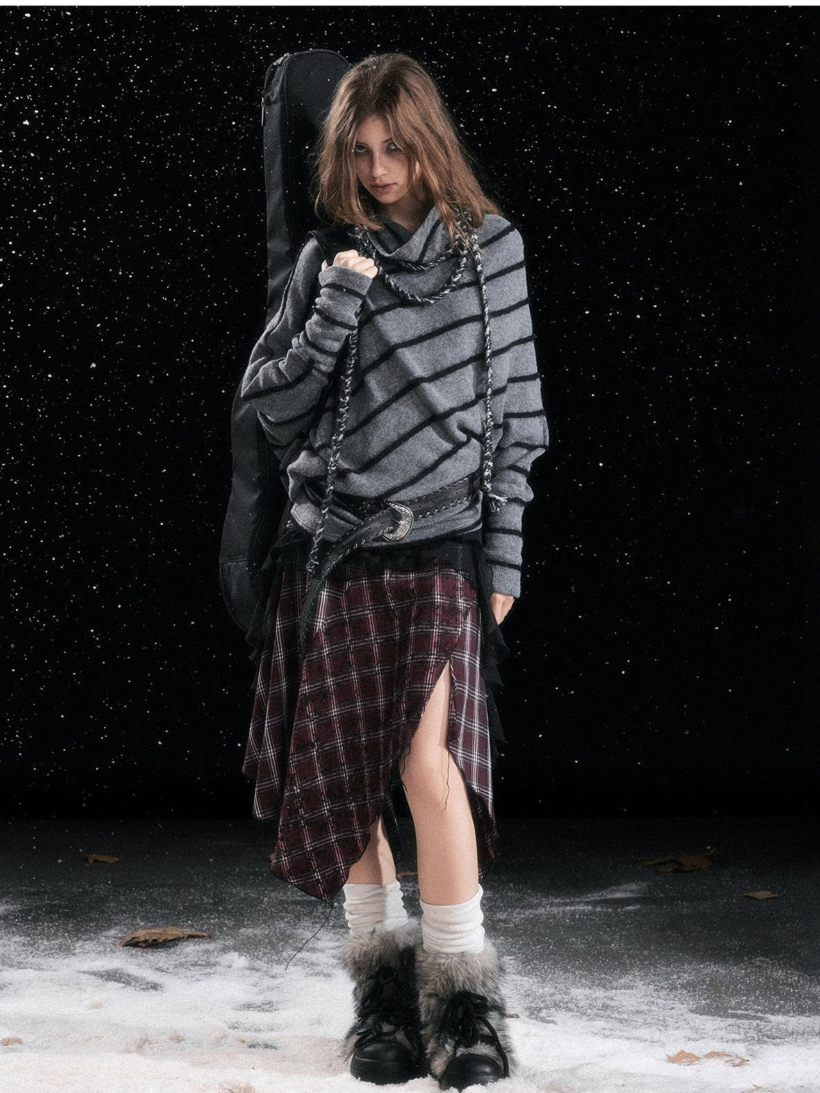 Cest Nous Diagonal Striped Batwing Sleeve Asymmetric Drawstring Loose Knit Women's Sweaters