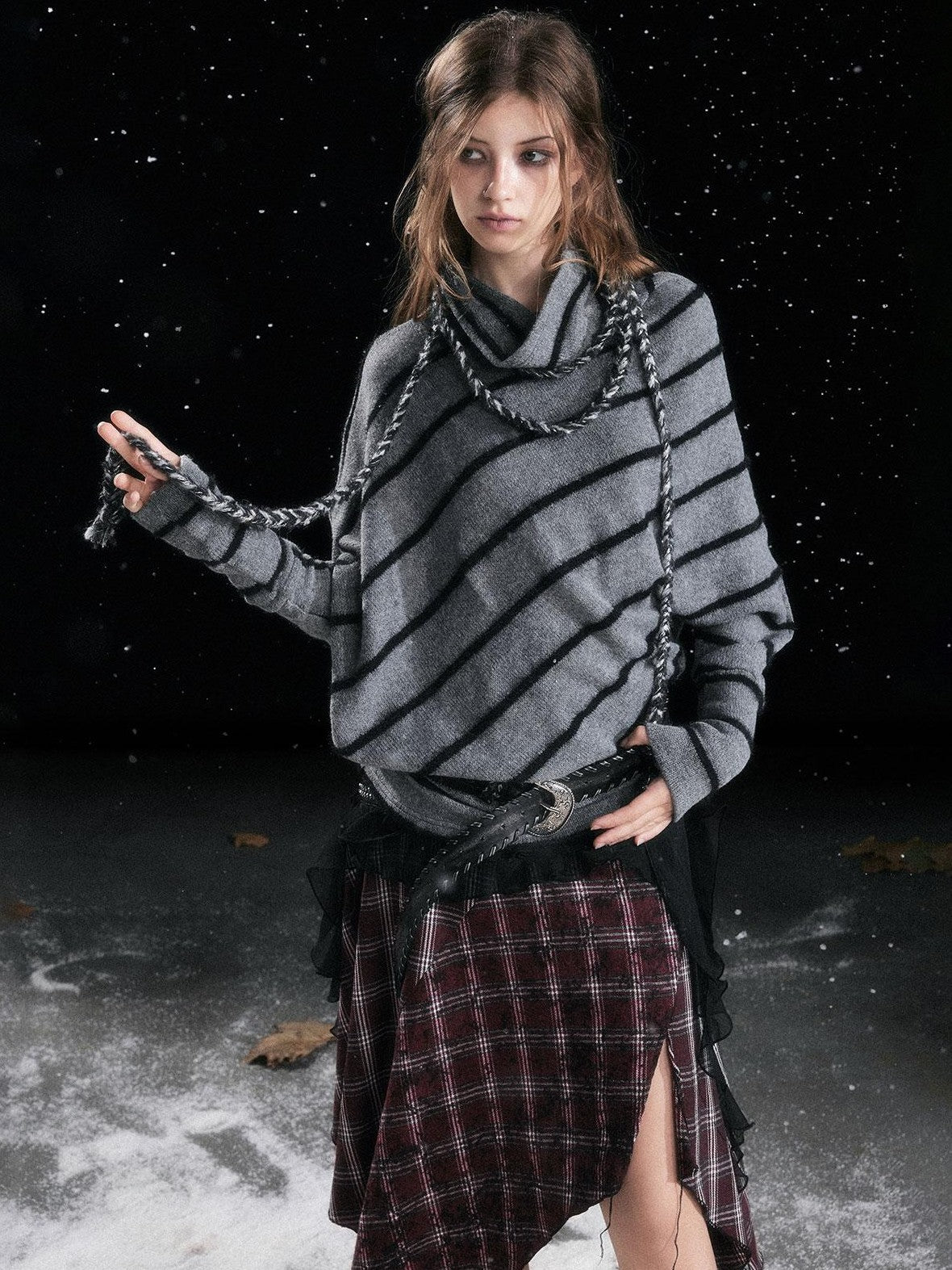 Cest Nous Diagonal Striped Batwing Sleeve Asymmetric Drawstring Loose Knit Women's Sweaters