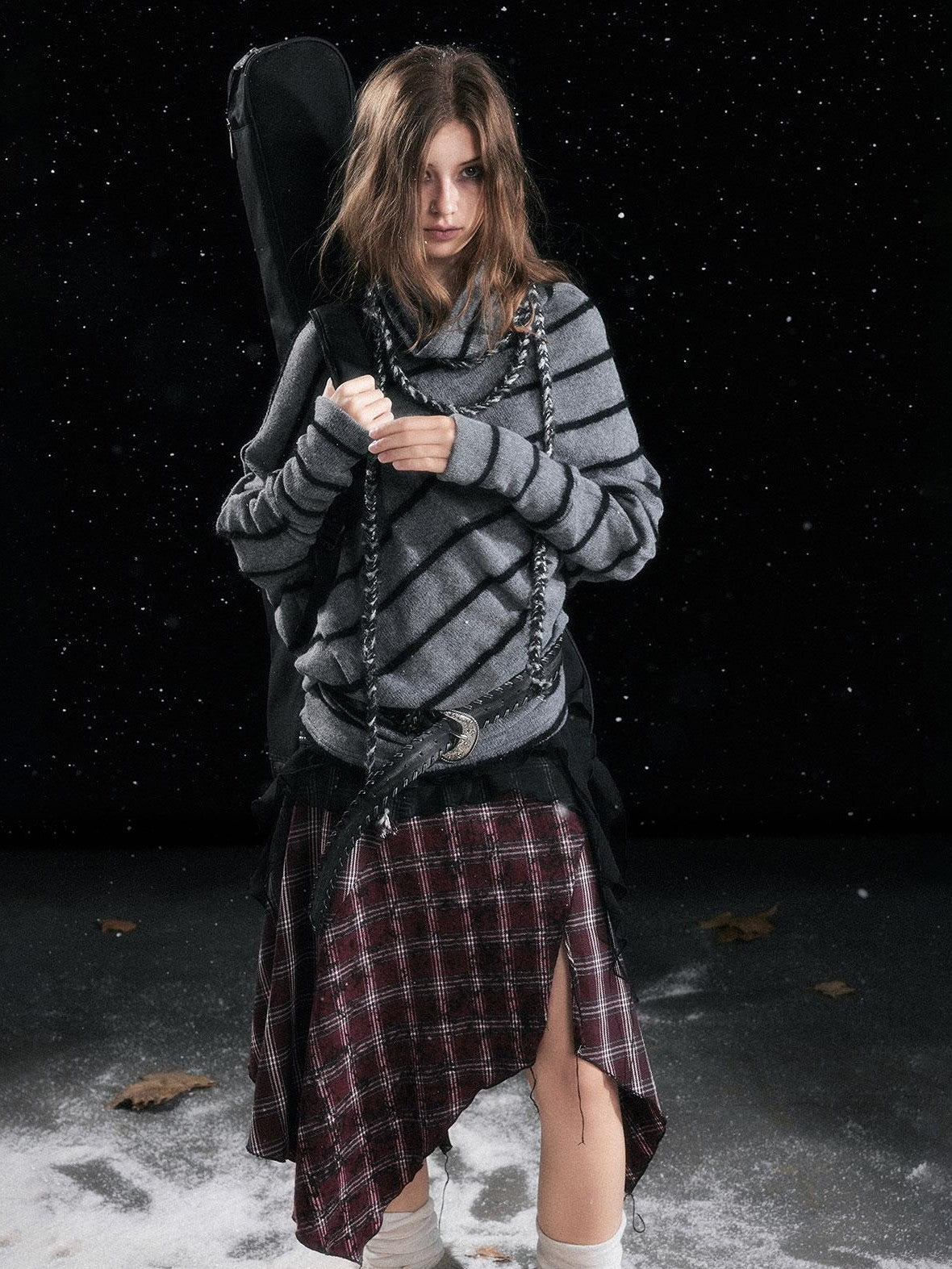 Cest Nous Diagonal Striped Batwing Sleeve Asymmetric Drawstring Loose Knit Women's Sweaters