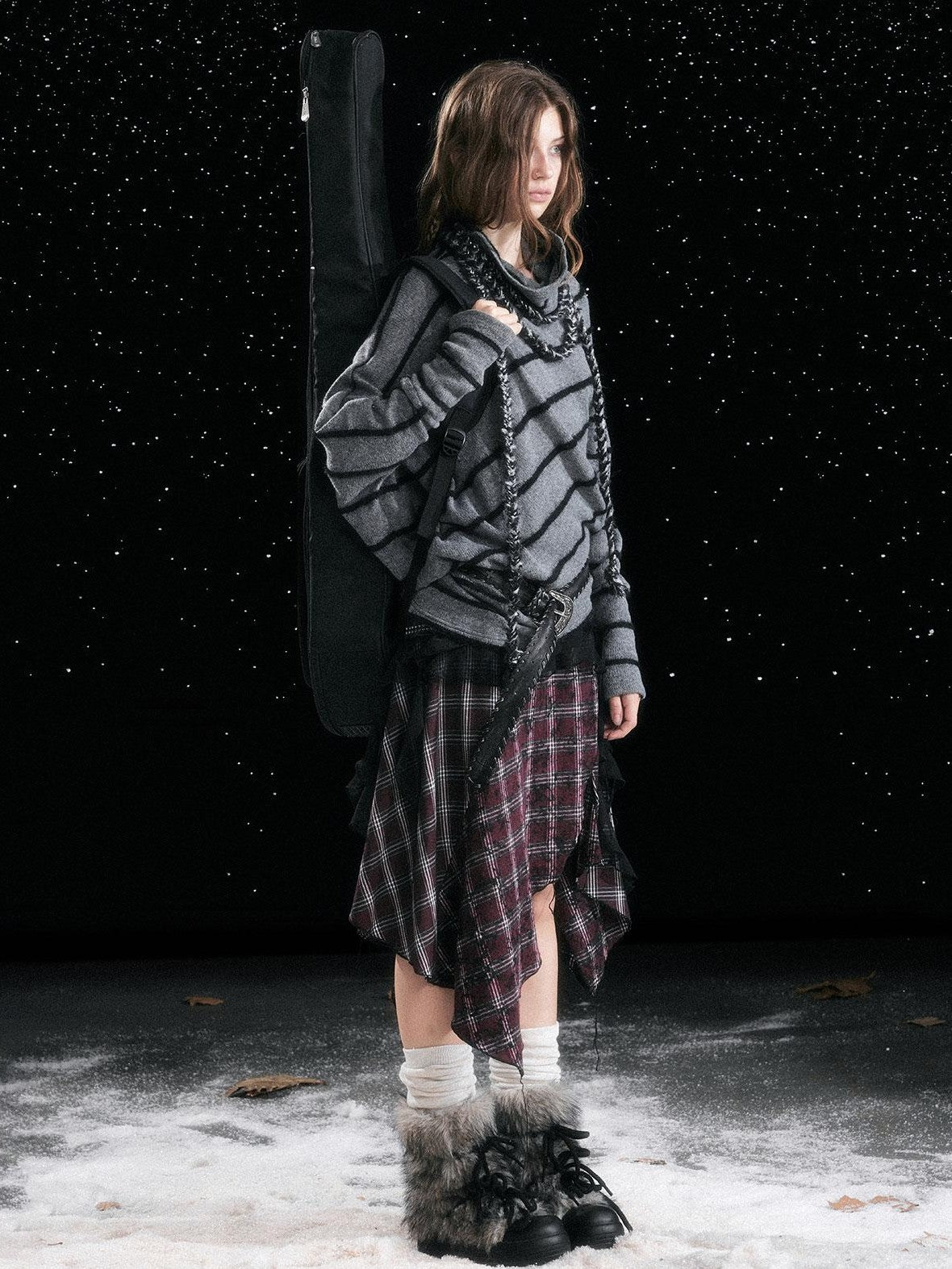 Cest Nous Diagonal Striped Batwing Sleeve Asymmetric Drawstring Loose Knit Women's Sweaters