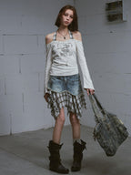 Cest Nous Distressed Patchwork Plaid Asymmetric Denim Women's Cotton Midi Skirts