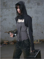 Cest Nous Distressed Studded Fringe Hooded Women's Cotton Long Sleeve T-shirts