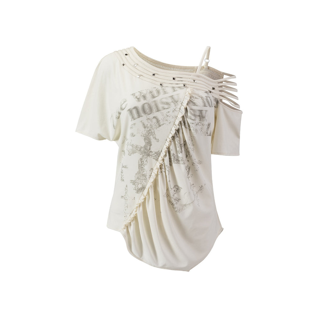 Cest_Nous_Punk_Cross_Letter_Print_Studded_Asymmetric_One_Shoulder_Loose_Fit_Lyocell_Women's_Short_Sleeve_T-shirts_1055987479508_MISSTT