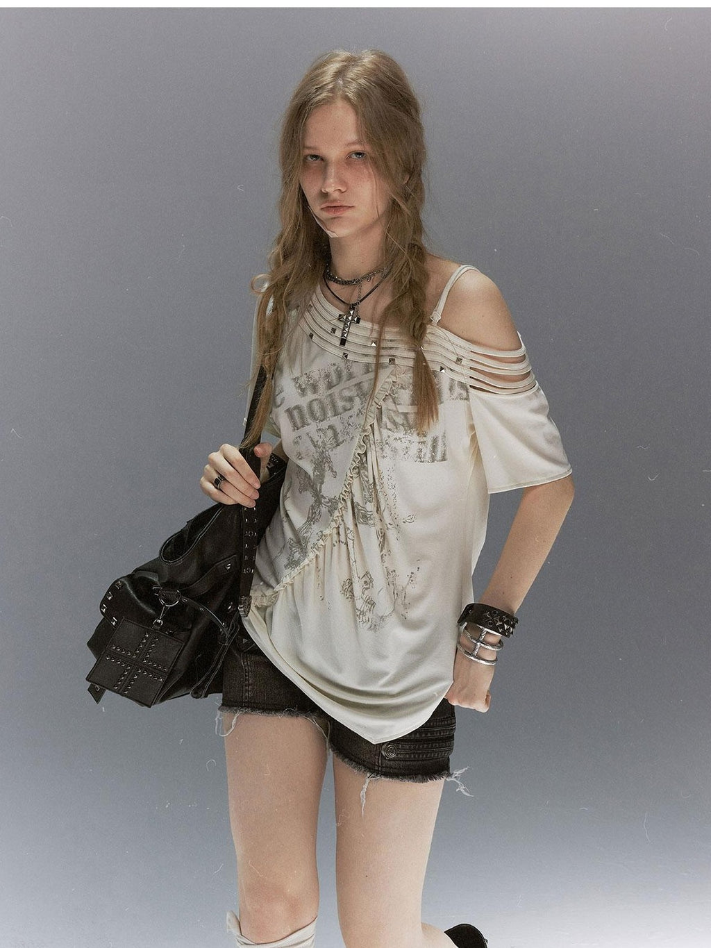 Cest Nous Punk Cross Letter Print Studded Asymmetric One Shoulder Loose Fit Lyocell Women's Short Sleeve T-shirts