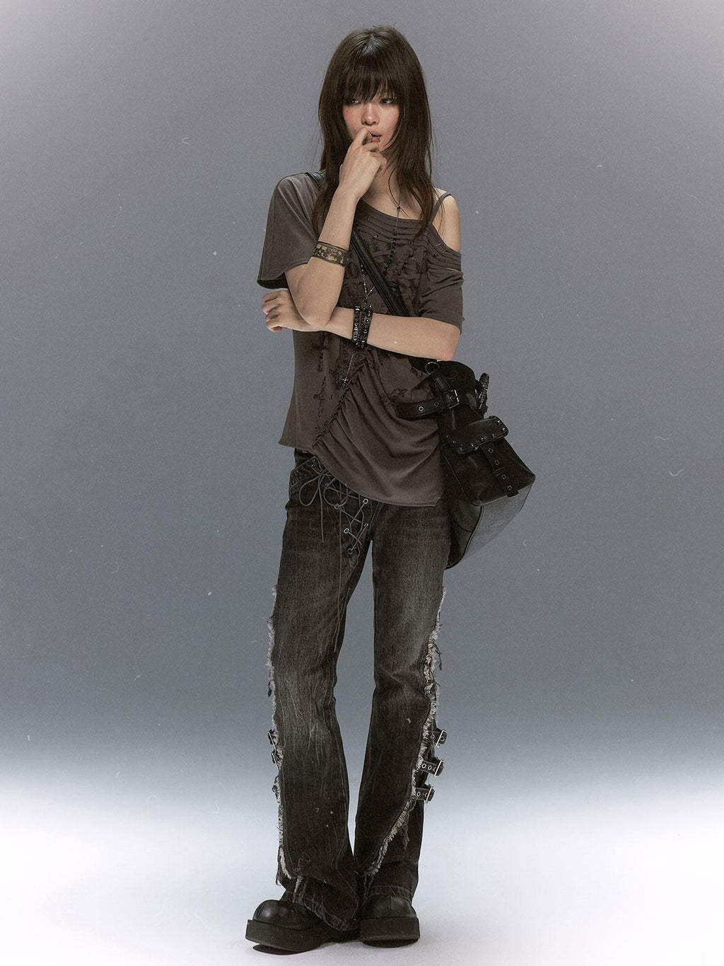 Cest Nous Punk Cross Letter Print Studded Asymmetric One Shoulder Loose Fit Lyocell Women's Short Sleeve T-shirts