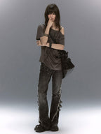 Cest Nous Punk Cross Letter Print Studded Asymmetric One Shoulder Loose Fit Lyocell Women's Short Sleeve T-shirts