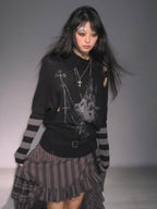 Cest Nous Punk Distressed Striped Graphic Batwing Sleeve Women's Wool Blend Sweaters