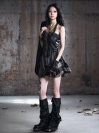 Cest Nous Punk Lace Trim Plaid Pu Spliced Cinched Women's Slip Midi Dresses